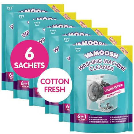 Vamoosh Limpiador de Lavadoras 6 en 1, Aroma Algodón Fresco. Disuelve pelo, elimina olores y cal, limpia en profundidad, deja olor fresco, antibacteriano, desincrusta, 6 lavados