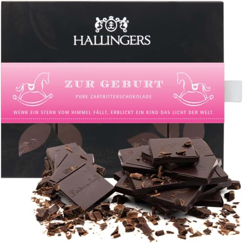 Hallingers Genuss Manufaktur Vegane Schokolade Glückwunsch-Geschenk - Tafel aus handgeschöpftem Edelkakao ohne Alkohol edler Karton Zur Geburt Pur 85%, Geschenkidee für Frauen Männer