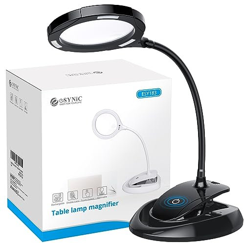 eSynic Black Magnifying Glass with Light Flexible Magnifying Lamp Rechargeable Magnifier with Light and Desk Maginifier Lamp With 15 Bright LEDs a 5x &10x Optical Lens Perfect for Reading Craft etc