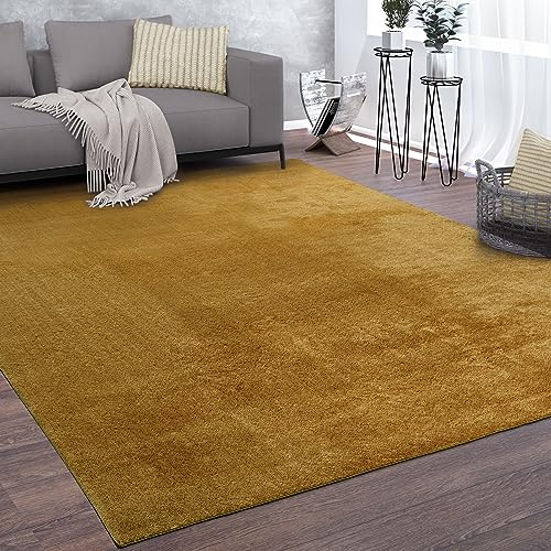 Paco Home Teppich Wohnzimmer Kurzflor Weich rutschfest Modern Einfarbiges Muster gelb Senfgelb, Grösse:80x150 cm
