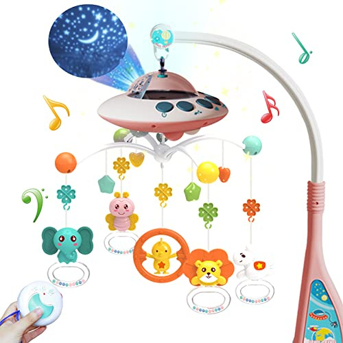 Eners Baby Musical Crib Mobile med nattljus och rotation, skallror, fjärrkontroll, komfortleksaker för nyfödda spädbarn pojkar flickor småbarn