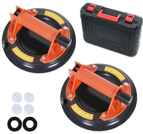 Glass Suction Cups to Lift Large Glass/Granite/Tile/Window 8.2 Inches, 468 Pounds Load Capacity, Vacuum Suction Cup Industrial Grade Heavy Duty Lifter for Moving Object, Orange, Carrying Case, 2 Pack