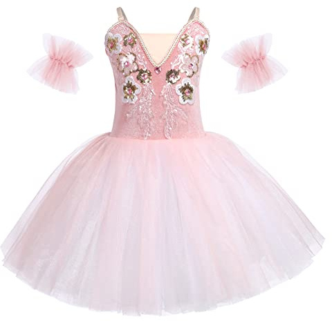 OBEEII Fille Robe de Ballet D?calcomanie Brod?e Ballet Tutu Justaucorps Danse Classique Gymnastique L?otard Costume avec Brassard Rose 9-10 Ans