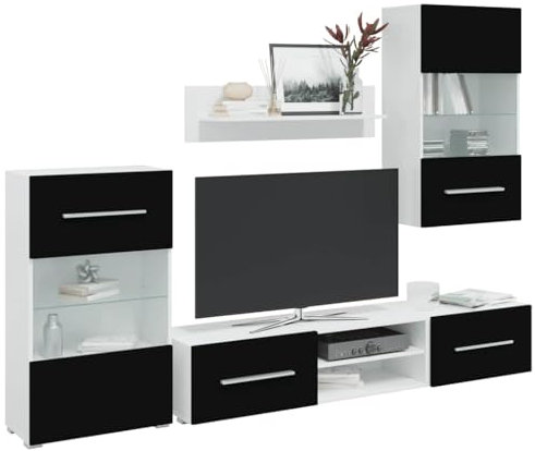 Hommdiy Fünfteilige Wohnwand TV-Schrank mit LED-Beleuchtung Schwarz