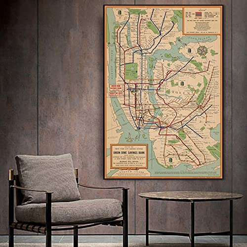 TANYANG Vintage Subway Map, New York City, 1954 Antique Map Printed Canvas Poster Hd Print Wall Art Pictuer For Home Decor Frame Artwork 50X70Cm Kein Rahmen