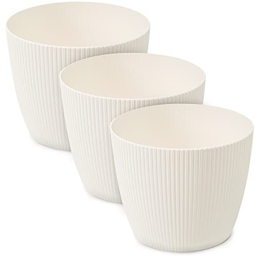 TULMERO Vaso da fiori opaco in plastica, vaso decorativo per piante grandi, 3 vasi per fiori, vaso per erbe, 3 pezzi, colore crema, diametro 19 cm