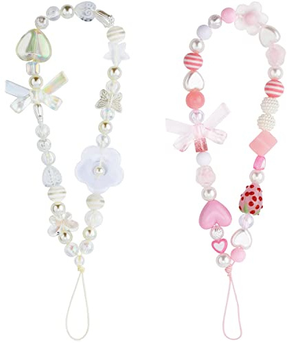 2pcs Charme de Téléphone, Mignon Bracelet et Breloques de Sangles Portable, Lanière Fraise, Papillon et Fleur
