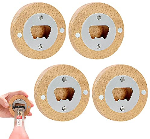 Greyoe Abrebotellas, 4 Piezas Abre Botellas, Abridor Cerveza, Abrebotellas de Bambú Natural de Acero Inoxidable Duradero Con Debilitamiento del Campo, Adsorbible Portátil Gran Regalo para Hombres