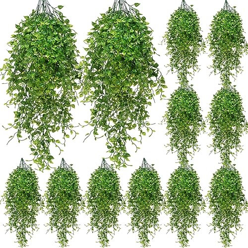 Hoteam Künstliche Hängepflanzen, 81,3 cm, künstliche Efeu-Ranken mit künstlichen Blättern, Terrasse, künstliche Pflanzen, Grün für Wohnzimmer, Innen- und Außenbereich, Wand, ohne Korb (Efeu), 12 Stück