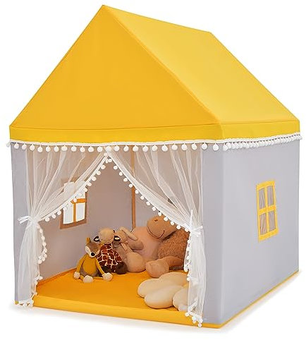COSTWAY Tente de Jeux Enfant avec Tapis Doux & Lavable, Maison de Jeu en Château de Style Princesse en Coton, Cadre en Bois pour 3-4 Garçons et Filles, 120x105x140cm