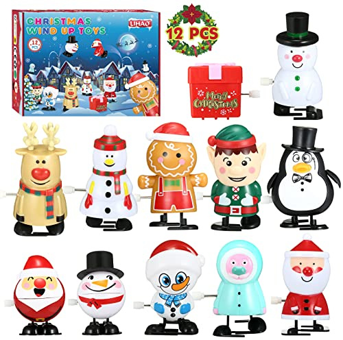 LIHAO 12 Stück Aufziehspielzeug Weihnachten Kinder Uhrwerk Spielzeug Set Weihnachtsmann Schneemann Pinguin Rentier Weihnachts Geschenk mit Geschenkbox für Jungen Mädchen