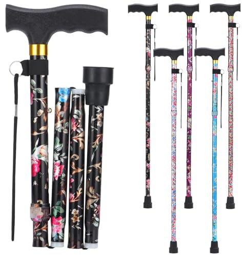 PARLORA Walking Cane for Women Men, Foldable, Lightweight, Elegant, Folding Cane - Walking Stick for Elderly and Adults with Comfortable T Handle [Black Flower]