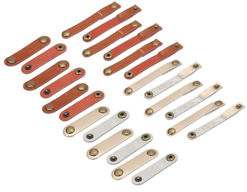 sourcing map 24 Pack Leather Cable Straps Leather Cable Ties Leather Cord Organizer Portable Light Brown/Gold Tone Leather Wire Straps for Earphones, Headphone