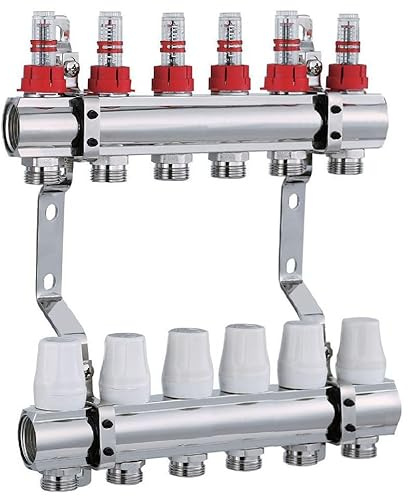 AQUA HEATING Heizkreisverteiler, 6 Heizkreise, 1 Zoll, Messing, 10 Bar | Bodenheizung-Verteiler für Fußbodenheizung, 10 Bar, Messing vernickelt, Heizungsinstallation