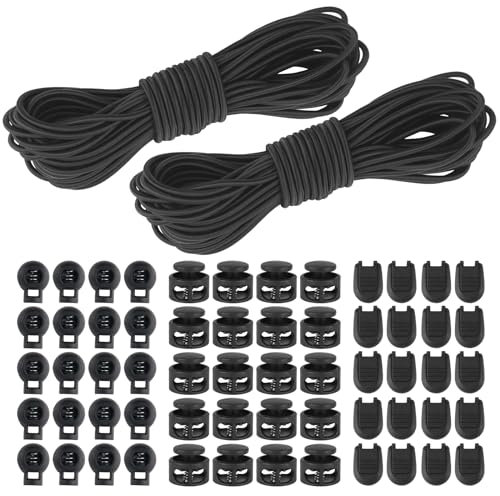 2 fasci di corda elastica in gomma da 3 mm x 10 m, in nylon Bungee con 20 pezzi con chiusura a zip, 20 molle a doppio foro, 20 pezzi per zaino, lacci, cordoncini