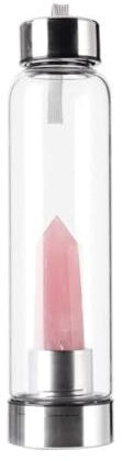 Queemie Naturel Rose Cristal Verre Eau Bouteille, Pierre Précieuse Centre Infusé Rose Quartz Sport Coupe Obélisque Baguette Énergie Coupe pour Guérison Bien-être