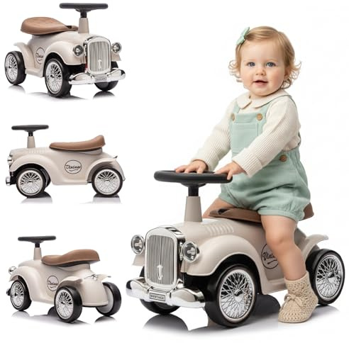 Sun Baby Rutschauto ab 1 Jahr Retro Classic, Rutschauto Indoor, Auto Kinder, Baby Auto, Gehhilfe mit Horn (Elfenbein)