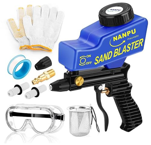 NANPU Luftsandstrahlpistole mit Schwerkraftzufuhr – Keramikdüse, Metallkörper | zum Entfernen von Farbe, Rost und Glasätzen | Vielseitig für Aluminium, Sand, Walnusshaut Muscheln und Soda