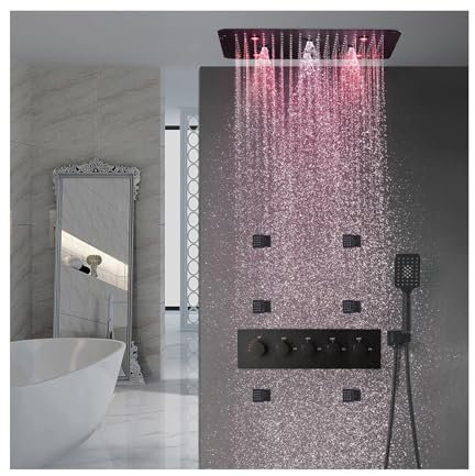 SWHC Duschsystem mit Thermostat Schwarz LED Unterputz Duscharmatur Set 3 Funktionen Duscharmatur Messing Dusche Regendusche Set Duschgarnitur mit Regendusche, Handbrause, 6Pcs Duschmassagedüsen