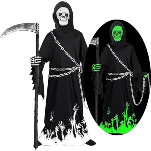 Sensenmann Kostüm Kinder mit Sense & Taillenkette,Deluxe Glow in The Dark Halloween Kostüm Jungen Sensenmann Gruselig Grim Reaper Costume für Halloween Karneval Fancy Dress