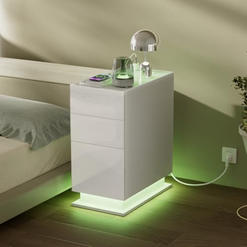 HAMHAIGO Comodino Moderno Lucido Sottile con Striscia Luminosa LED e 3 Cassetti, Bianco, 30 x 50 x 63 cm