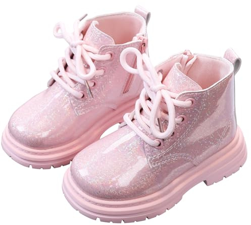 Maeau Stivali con lacci per bambini e ragazze e ragazzi Stivaletti alla caviglia lucidi con cerniera stivali classici impermeabili scarpe antiscivolo invernali autunno primavera morbide 21-30 EU