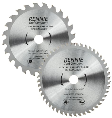 Rennie Tool 2-165mm x 20mm (16mm) Bore x 24T 48T TCT Circular Saw Blades | Fits Bosch Makita Ryobi Dewalt Circular Saws etc, Thin Kerf 165mm Circular Wood Saw Blades For Cordless Saws / 1.5mm Thin Cut