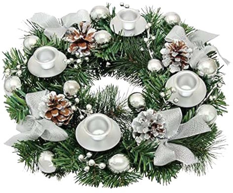 Adventskranz Künstlich, Tischkranz für Weihnachten, Weihnachtskranz mit Kerzenhalter, Adventskranz Teelichter, Weihnachtskranz Dekokranz mit 4 Kerzenhaltern Advent Weihnachten Deko Tisch (A-001)