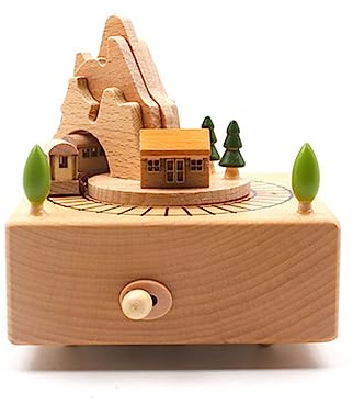 QNINE Spieluhr aus Buchenholz Spieldose Musikbox, Holzspielzeug Geschenk für Geburtstag Valentinstag Weihnachten (Zug Weihnachtslied)