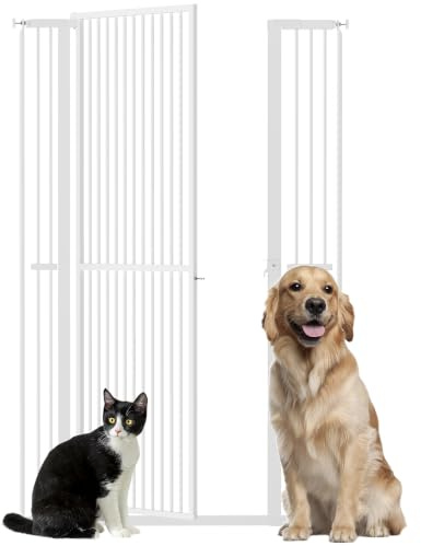PawHut Barrera de Seguridad para Perros y Gatos Extra Alta 150 cm, Barrera para Perros Extensible 77-104 cm para Puertas y Escaleras, con Montaje a Presión, 2 Extensiones y Puerta de Paso, Blanco
