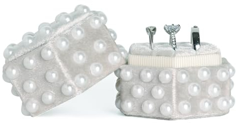 Pearl Velvet Ring Bearer Box for Valentine's Day Gifts - 3 Slot Handmade Wedding Decor Jewelry Box Ring Holder Case for Engagement, Proposals, Ceremony, Bridal Photography Gift Christmas (Hexagon)