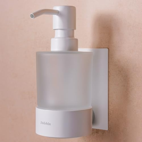 Dolvhin Tvålpump väggmontering utan borrning | handtvåldispenser i frostat glas | rostfritt stål pumpdispenser och väggfäste | väggtvåldispenser för limning | diskmedelsdispenser 250 ml | vit matt