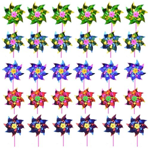 30PCS Windmills for Children, Colorful Rainbow Pinwheel, Multicolor Reflective Bird Repellent Windmill, Foil Pinwheels Lawn Garden DIY Bird Scarer Windmill Sparkly Reflective Pinwheels for Party Favor