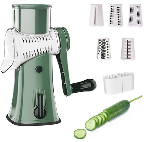 Rallador de Queso Rotatorio, Cortador de Verduras Multifuncional 5 en 1, con 5 Cuchillas y Compartimento para Cuchillos, Desmontable y Lavable, Ventosa Inferior Que No Se Mueve, para Triturar