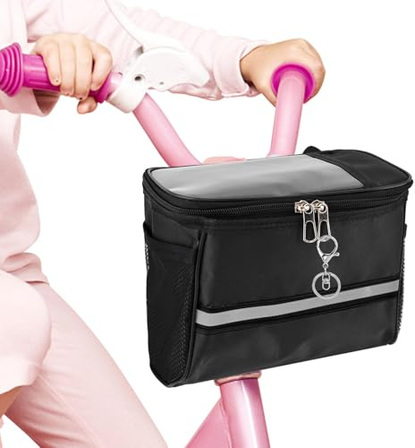 Kinder-Fahrradkorb, Vorderrahmen, Scooter-Korbtasche, Lenkertasche, Organizer für Jungen und Mädchen, mit transparenter Handytasche, Fahrrad-Dekoration für die meisten Kinderfahrräder