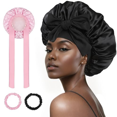 Bigqin 2 Stück Seidenhaube zum Schlafen, Doppelseitige Weiche Haarhaube mit elastischem Band für lockiges Haar, Sleep Cap Satin Nacht Bonnet Schlafmütze für Damen und Mädchen, Schwarz&Rosa