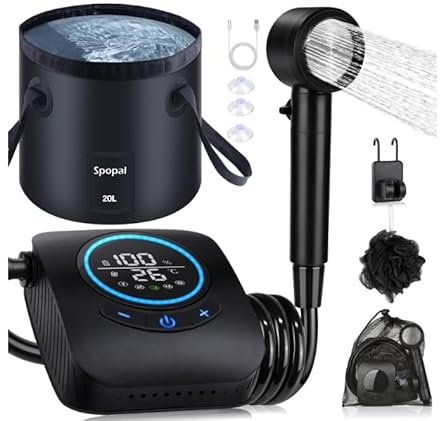 Spopal Portable Camping Shower, [Upgraded] 8000mAh Rechargeable Camping Shower Pump with 20L Collapsible Bucket, LED Display, 4 Spray Modes, IPX8 Waterproof Outdoor Shower for Hiking, Travel, Car, Pet