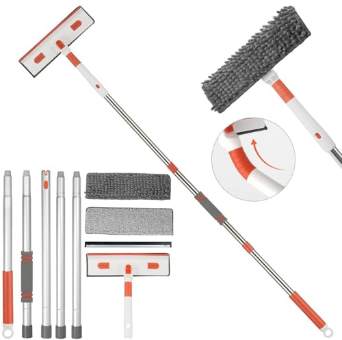 Window Cleaning Equipment,Extending Window Cleaning Brush, Extendable 206cm Super Long Handle Window Cleaning Brush, 3 in 1 Wall Cleaner with Squeegee, Microfiber Brush＆ Duster, Ideal for Indoor