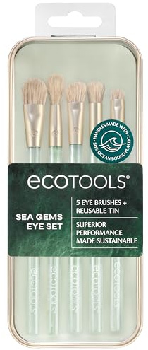 EcoTools Sea Gems Eye Makeup Tool Kit with Reusable Tin, Vegan Cruelty-Free, Liquid, Cream and Powder Compatible, 6 Piece Set