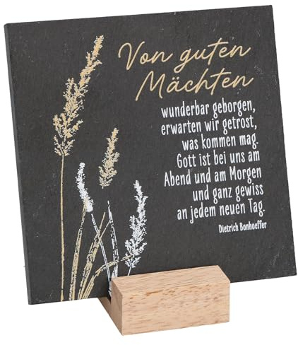 Butzon & Bercker Schiefer-Schild Von Guten Mächten - Deko-Tafel 10x6 cm | Schiefertafel auf Holzsockel mit Bonhoeffer Gebet, christliche Geschenkidee für Taufe oder als Mutmacher Tisch-Deko