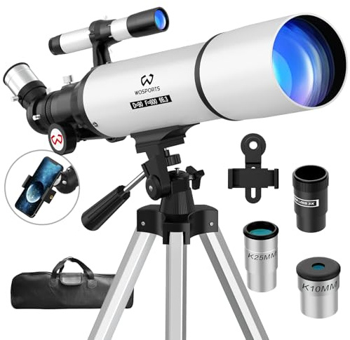Wosports Telescope for Adults High Powered, 90mm Aperture 600mm Portable Professional Refractor Telescope for Beginners, Magnification 180X, with Stable Adjustable Tripod, Phone Adapter, Carry Bag