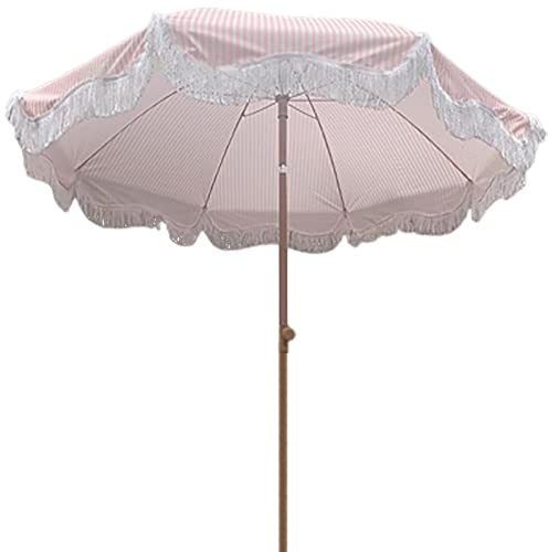 2m Pink White Striped Garden Patio Tiltable Round Parasol with Tassel, Portable Foldable Beach Umbrella for Outdoor/Balcony/Terrace/Pool