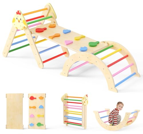 Toddler Triangle Climbing Frame Indoor&Outdoor, Foldable Climbing Set with Triangular Ladder&Arch Ladder&Climbing Board, 7in1 Multifunctional Climbing Toy with Chicken Pattern (Rainbow color)