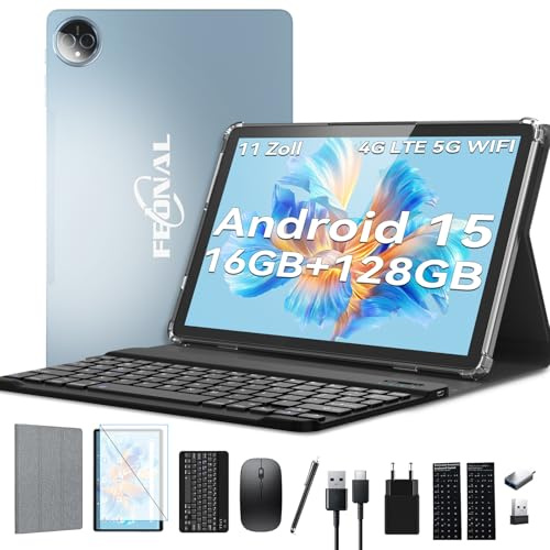 FEONAL Android 15 Tablet 11 Zoll, Tablet mit Tastatur Maus, 5G WiFi Tablett PC Mit 16GB+128GB(1TBTF), 4G LTE Tablets Mit 2 SIM 1 SD Slot-Octa-core, 1080FHD, 13+8MP,7000mAh, Type-C/GPS/OTG-Blau