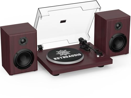RetroAudio Vinyl Record Player with 24W Bookshelf Speakers(Powerful Bass), HiFi System Turntable for viny records, Vintage Vinyl Player with Magnetic Cartridge, BT IN&OUT, RCA OUT, Auto Stop, 33/45RPM