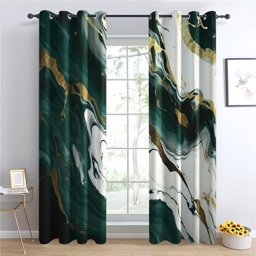 QEODAH Marmor Vorhänge Smaragdgrün Gold Abstrakt Luxus Verdunklungsvorhänge, Vorhang Blickdicht Gardinen mit Ösen, Schlafzimmer Wohnzimmer Kinderzimmer Deko, Thermovorhang 2er Set H 175 x B 140 cm
