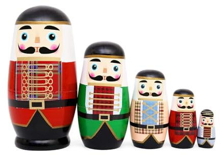 Muñecos de anidación de cascanueces – 5 figuras apilables de cascanueces de madera hechas a mano | Decoración de escultura de madera, centro de mesa para el hogar de vacaciones, entrada, chimenea