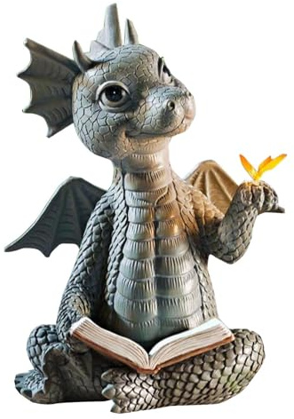 Dragon holding book figurines - Sitting Dragons Art Figurine, Fantasy Dinosaur Desktop Ornament | Dragons Zen Garden Sculpture, Mythical Dragon with Flower Figurines Resin Sculpture for Home Decor
