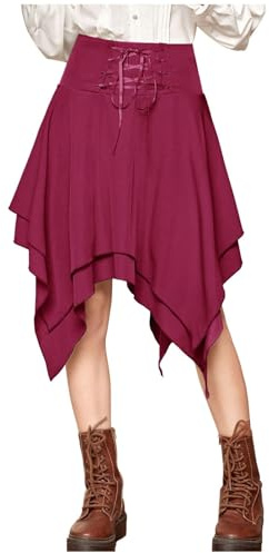 Falda gótica para mujer, falda midi steampunk, falda midi para mujer, cintura alta, falda medieval, falda tradicional con dobladillo irregular, faldas renacentistas, con cordón, falda pirata, ropa