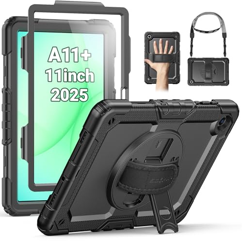 SEYMAC Funda para Samsung Galaxy Tab A11+ Plus 11(2025)/Tab A9+ Plus 11 Pulgadas (2023), con Protector de Pantalla, Soporte Giratorio de 360°/Correa de Mano, Correa para el Hombro, Negro